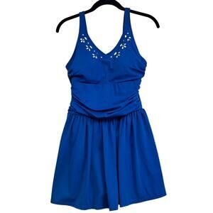 Denim & Co Beach Swim Dress Size 6 Blue Laser Cut One Piece Swimsuit
